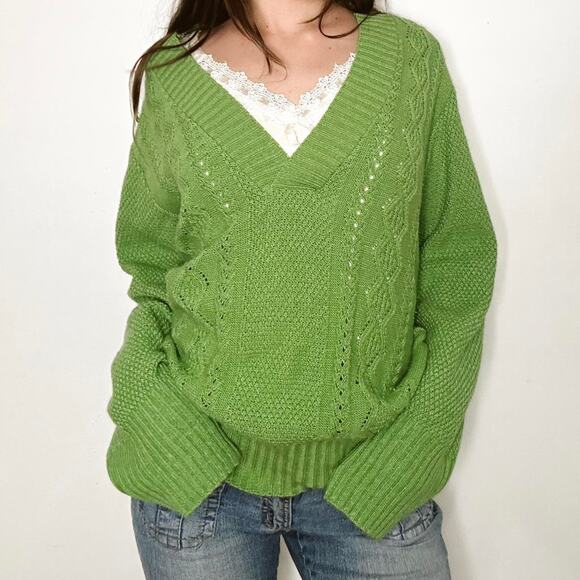 Y2k spunky green chunky cable knit vneck sweater - Picture 1 of 7